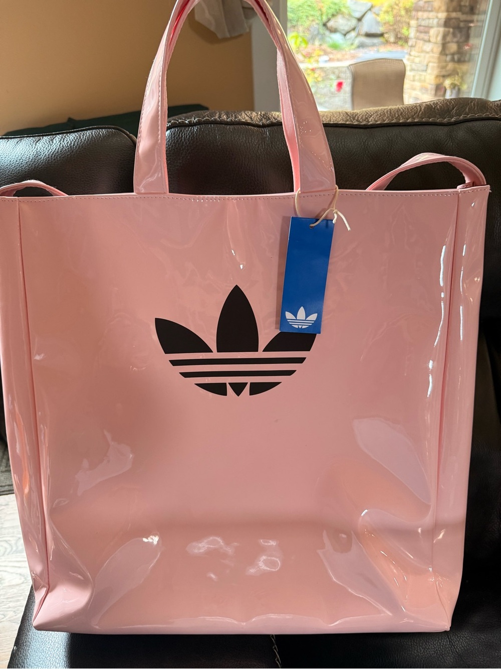 adidas Pink Patent Trefoil Tote with Black Logo